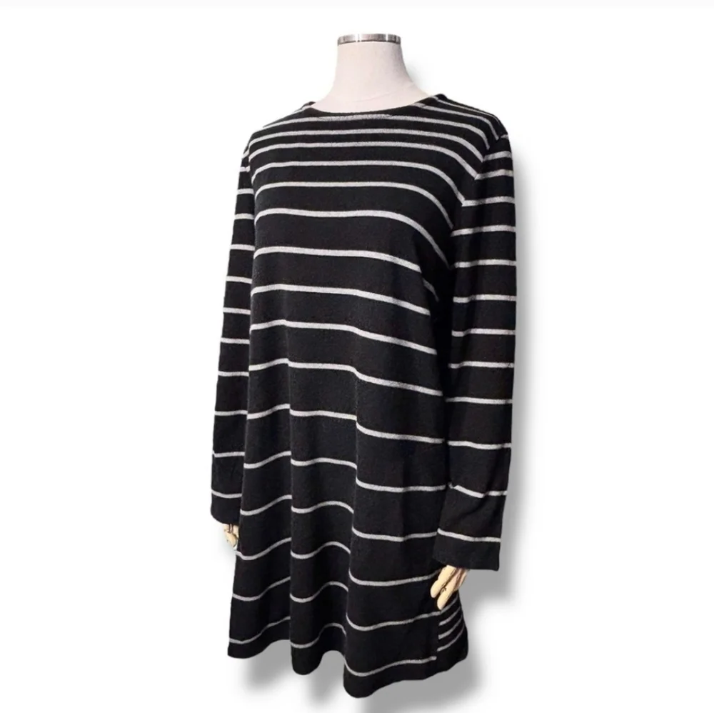 J. JILL Brushed French Terry Crew Neck Dress Black with Grey Stripes